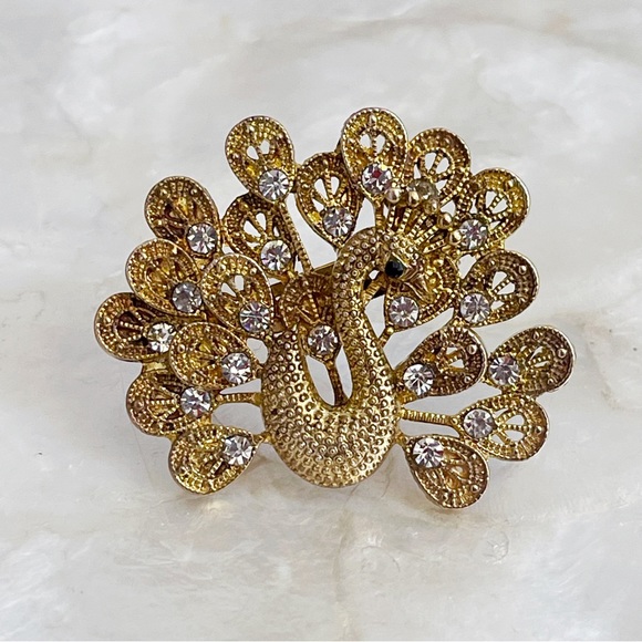Vintage Gold Tone CZ Peacock Brooch - Picture 8 of 11